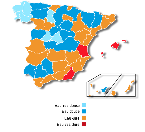 Carte d'Espagne de la dureté de l'eau